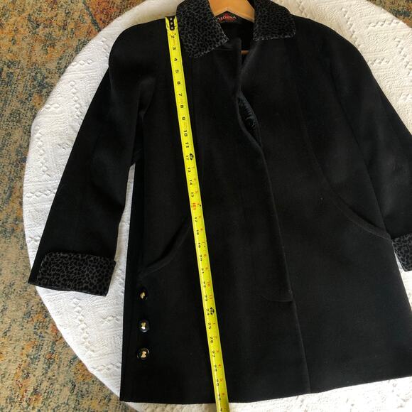 VTG 80s Alorna Forstmann Black Wool Peacoat Medium Cheetah Print Trim Mob Wife - Picture 10 of 12